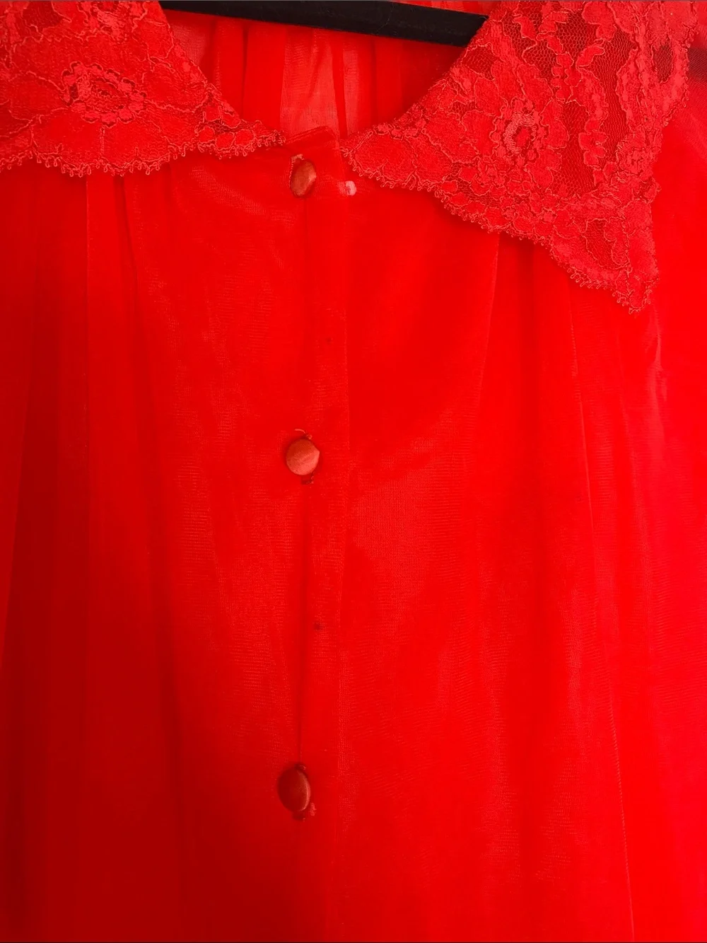 Vintage Red Sheer Bed Jacket with Lace Collar - Picture 3 of 7